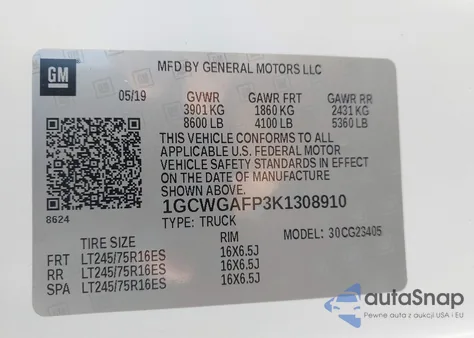 2019 Chevrolet Express 2500 Work Van from USA, damaged, VIN 1GCWGAFP3K1308910